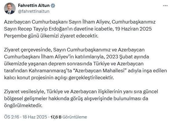 Azerbaycan Cumhurbaşkanı Aliyev, Türkiye'ye geliyor