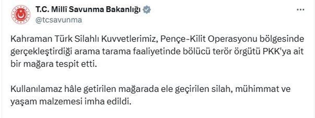 MSB: Pençe-Kilit bölgesinde çok sayıda silah ve mühimmat ele geçirildi