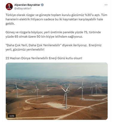 Bakan Bayraktar: Rüzgar ve güneşte toplam kurulu gücümüz yüzde 30'u aştı