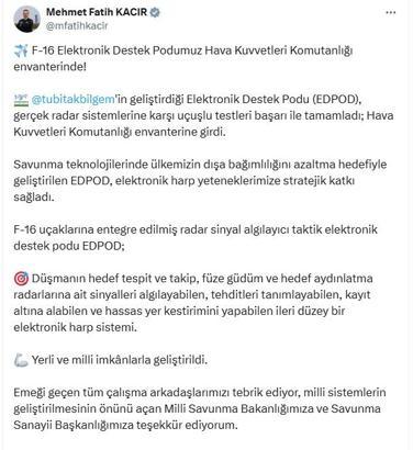 Bakan Kacır: EDPOD, Hava Kuvvetleri envanterine girdi