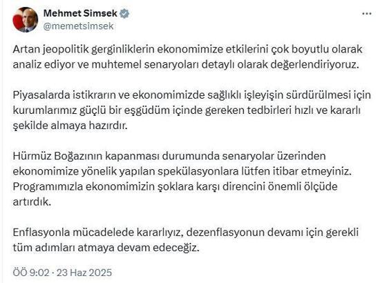 Bakan Şimşek: Senaryolar üzerinden spekülasyonlara itibar etmeyiniz