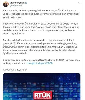 RTÜK Başkanı Şahin’den, Altaylı’nın YouTube kanalı hakkında lisans açıklaması
