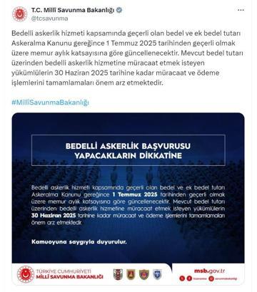 MSB: Bedelli askerlik ücreti, 1 Temmuz'da güncellenecek