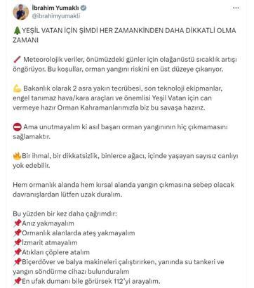 Bakan Yumaklı'dan orman yangınlarına karşı uyarı