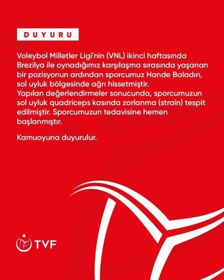 Türkiye Voleybol Federasyonu, Hande Baladın'ın sakatlandığını duyurdu