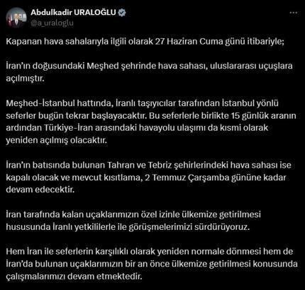 Bakan Uraloğlu: Meşhed hava sahası, uluslararası uçuşlara açıldı