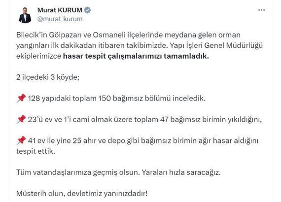 Bakan Kurum: Bilecik'teki yangında 23'ü ev, 47 birim yıkıldı