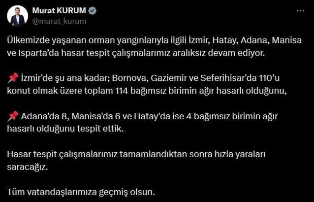 Bakan Kurum: Orman yangınlarında 132 bağımsız birim ağır hasar gördü