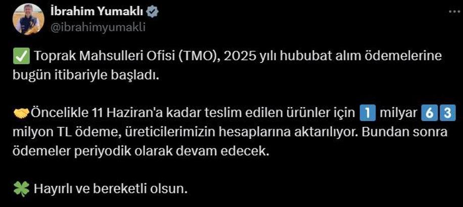 TMO, hububat alım bedellerini üreticilerin hesaplarına aktarmaya başladı