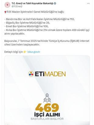 Eti Maden'e bağlı işletmelere 469 işçi alınacak