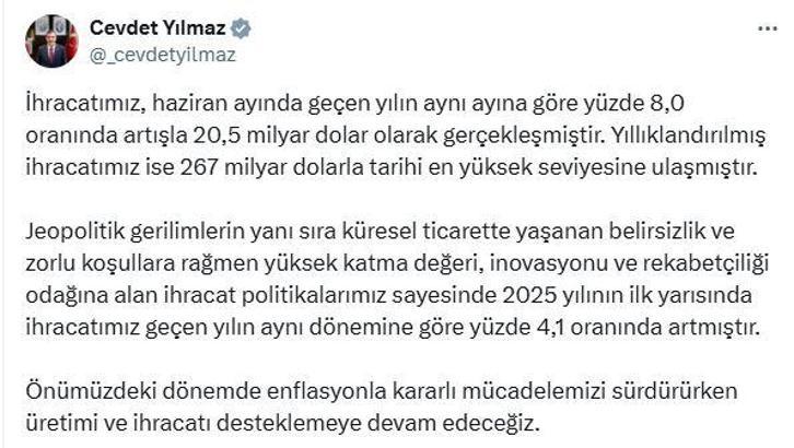 Cevdet Yılmaz: Yıllıklandırılmış ihracatımız tarihi en yüksek seviyesine ulaşmıştır
