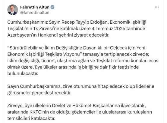 Cumhurbaşkanı Erdoğan, yarın Azerbaycan'a gidecek