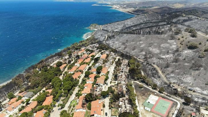 İzmir'in tatil merkezlerinden Seferihisar'da yeşil alanlar, yangın sonrası gri renge büründü