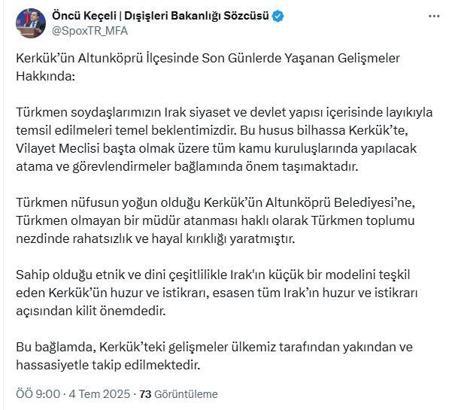 Dışişleri Sözcüsü Keçeli: Türkmen soydaşlarımızın layıkıyla temsil edilmeleri temel beklentimiz