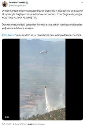 Bakan Yumaklı: Çeşme'de yangın kontrol altına alındı