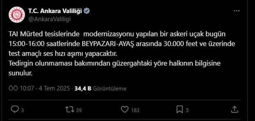 Ankara Valiliği'nden 'test uçuşu' duyurusu