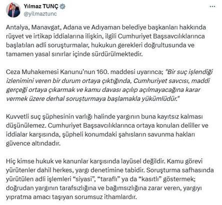 Bakan Tunç: Hiç kimse hukuk ve kanunlar karşısında layüsel değildir