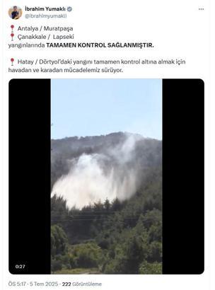 Bakan Yumaklı: Antalya ve Çanakkale'deki yangınlar kontrol altında