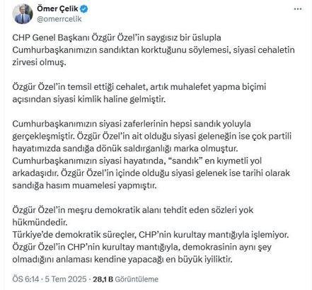 AK Parti'li Çelik: Özgür Özel'in söyledikleri, siyasi cehaletin zirvesi olmuş