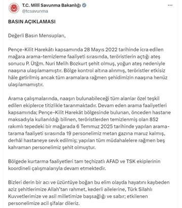 MSB: Metan gazından zehirlenen 5 personelimiz şehit oldu