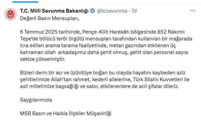 MSB: Metan gazından etkilenen 3 personelimiz daha şehit oldu