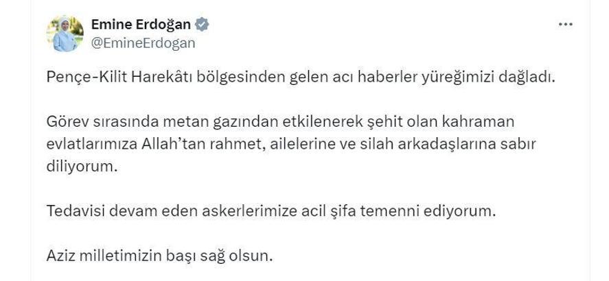 Emine Erdoğan'dan metan gazına maruz kalıp şehit olan 12 asker için taziye mesajı