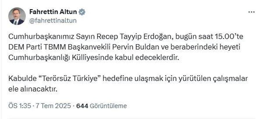 Cumhurbaşkanı Erdoğan, DEM Parti heyetini kabul edecek