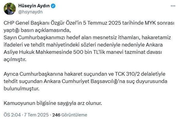 Cumhurbaşkanı Erdoğan'dan, Özgür Özel'e tazminat davası