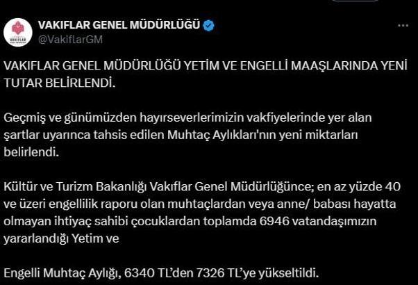 Yetim ve engelli muhtaç aylığı 7 bin 326 TL oldu