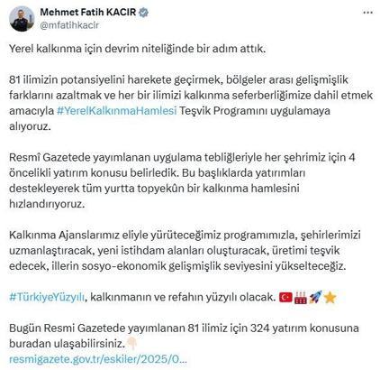 Bakan Kacır: 81 ilde Yerel Kalkınma Hamlesi Teşvik Programı'nı uygulamaya alıyoruz