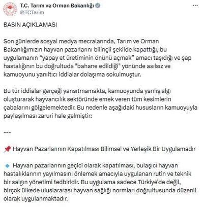Bakanlıktan, 'hayvan pazarlarının bilinçli şekilde kapatıldığı' iddialarına ilişkin açıklama