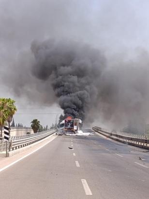 Mobilya malzemesi yüklü TIR alev alev yandı