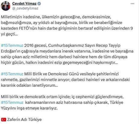 Cevdet Yılmaz'dan 15 Temmuz mesajı