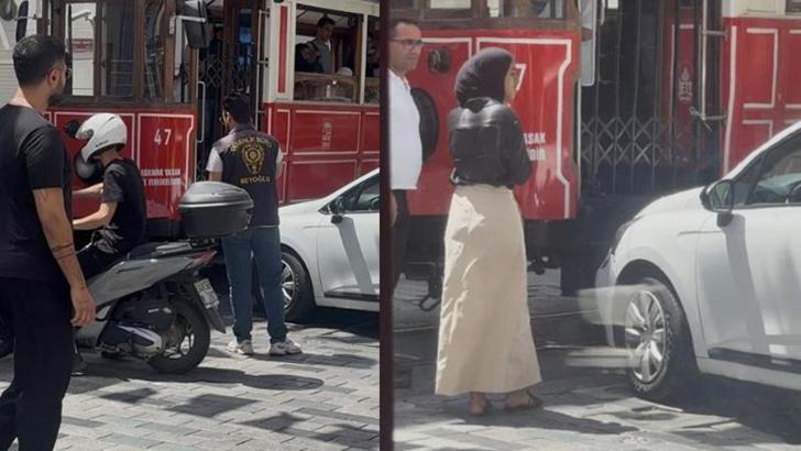 İstiklal Caddesi'nde sürücüsünün kontrolünden çıkan otomobil tramvaya çarptı