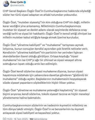 AK Parti'li Çelik: Özel'in söylediği sözler siyasi adaptan yoksundur