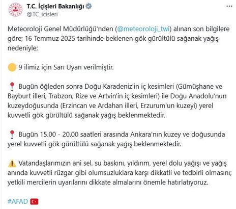İçişleri Bakanlığı'ndan 9 il için 'sağanak' uyarısı
