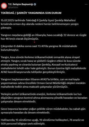 İletişim Başkanlığı: Tekirdağ'daki yangın için 15 uçak, 19 helikopter sevk edildi