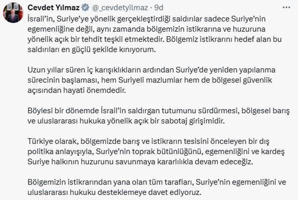 Cevdet Yılmaz: İsrail’in saldırıları, bölgemizin istikrarına yönelik açık bir tehdittir