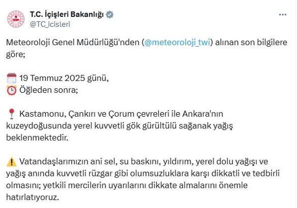 Ankara için yeni sağanak uyarısı