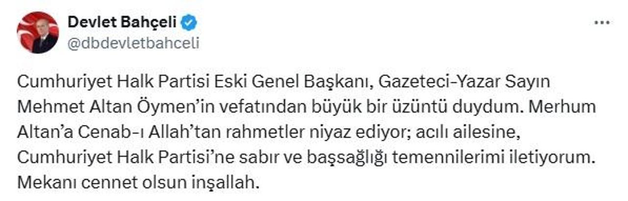 Bahçeli'den Altan Öymen için başsağlığı mesajı