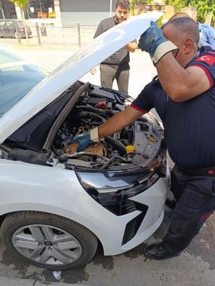 Aracın motoruna sıkışan yavru kedi kurtarıldı