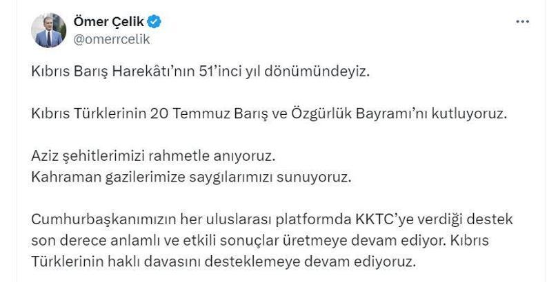 AK Parti'li Çelik'ten '20 Temmuz Barış ve Özgürlük Bayramı' mesajı