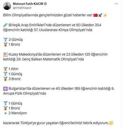 Bakan Kacır, uluslararası olimpiyatlarda madalya alan öğrencileri tebrik etti