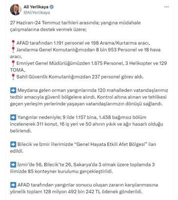 Bakan Yerlikaya: Bilecik ve İzmir, 'afet bölgesi' ilan edildi