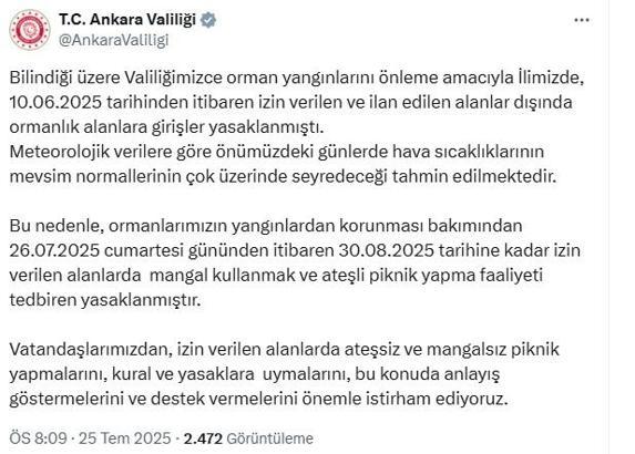 Ankara Valiliği: 30 Ağustos’a kadar ateşli piknik faaliyetleri yasaklanmıştır