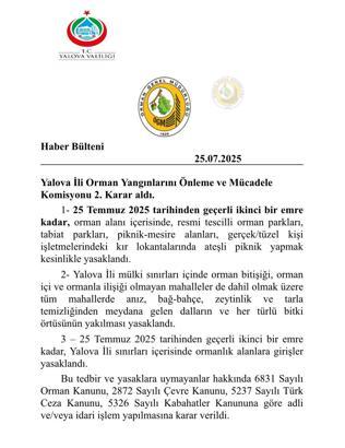 Yalova'da ormanlara girişler yasaklandı