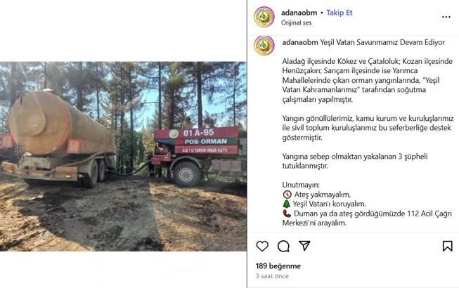 Adana'daki orman yangınlarına ilişkin 3 tutuklama