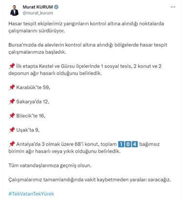 Yangın bölgelerindeki 104 bağımsız birimin ağır hasarlı veya yıkık olduğu belirlendi