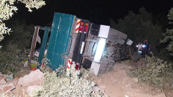 Zeytinliğe uçan biber yüklü kamyonda sıkışan sürücü yaralandı