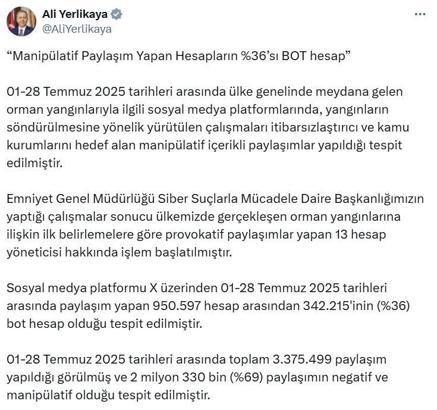 Bakan Yerlikaya: Orman yangınlarına ilişkin provokatif paylaşım yapan 13 hesap hakkında işlem başlatıldı